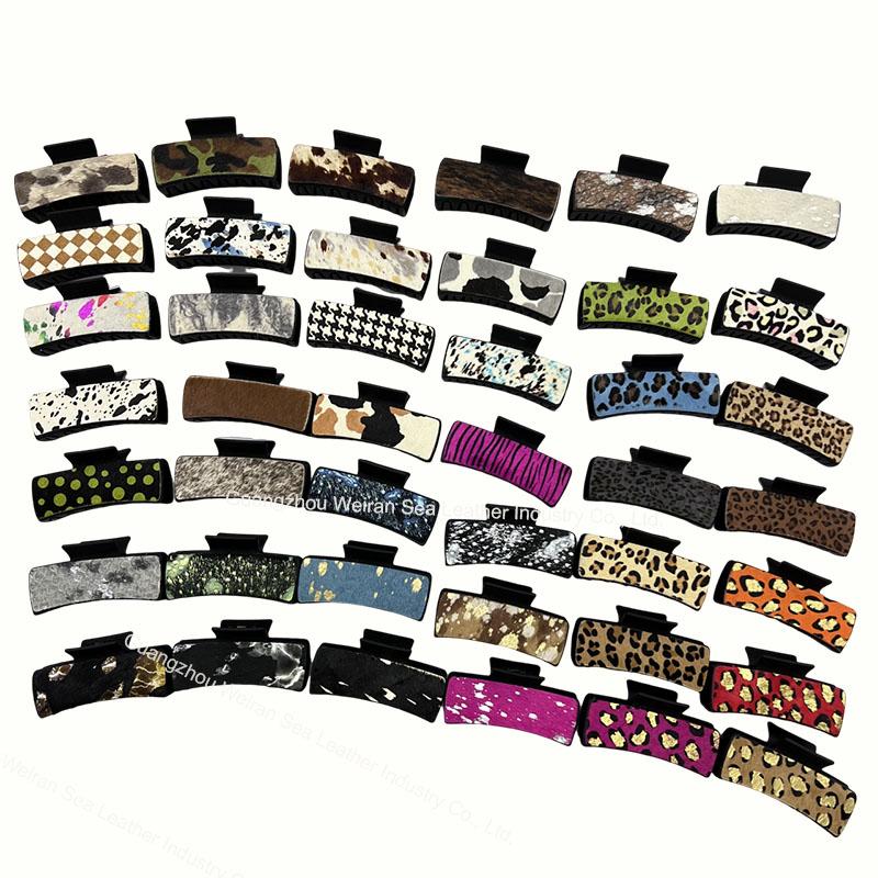 Horsehair Leather American Cow Boy Style Hair Claws Fashion Leopard Pattern Retro Rectangle Hair Clips