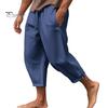 Men Cropped Pants Drawstring Elastic Waist Solid Color Loose Pockets Split Deep Crotch Soft Breathable Summer Vacation Beach