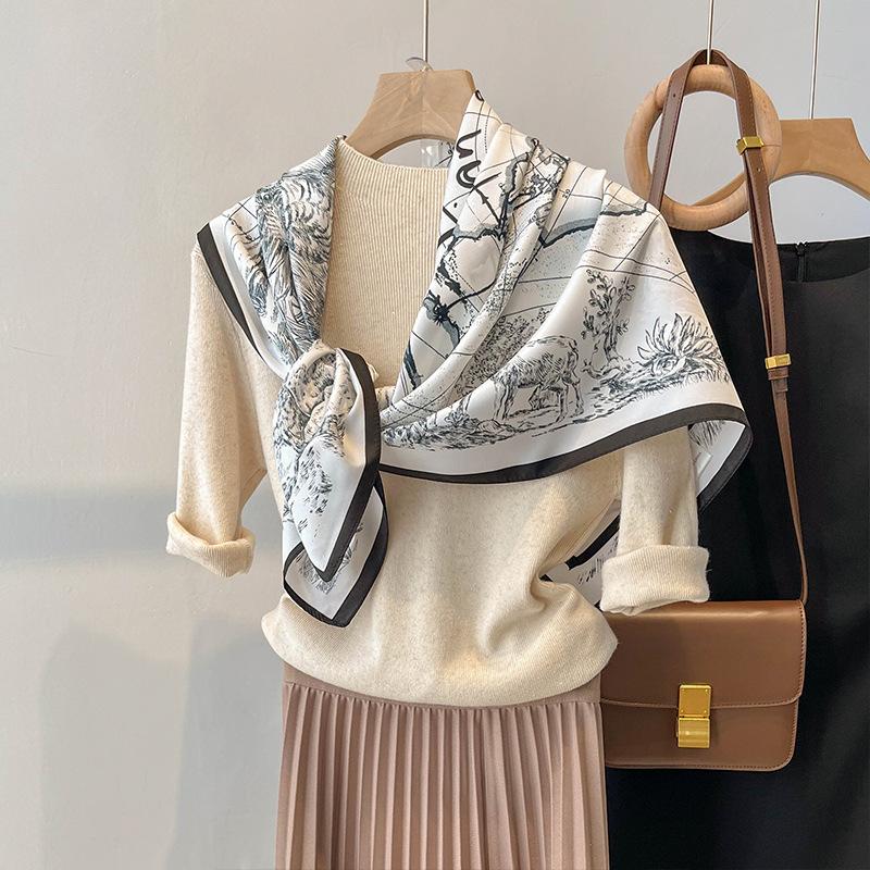 Nordic simple silk scarf long female French retro black and white striped large square scarf tied hair ins headscarf headband shawl