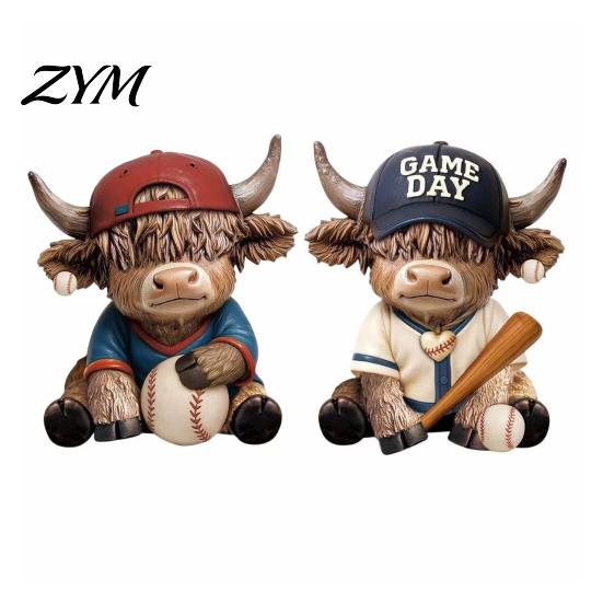 Unique Desk Accessories 2Pcs Baseball Bull Figurines, Creative Resin Animal Statue for Shelf, Sports Room Decoration Home Office Decor, Gift Fans And