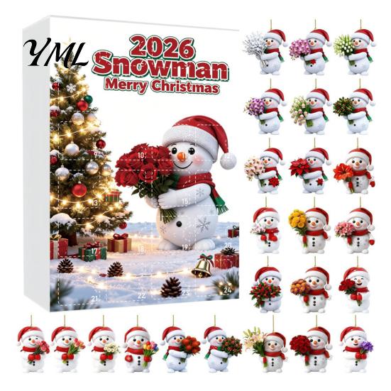 Snowman Hanging Ornaments Advent Calendar, 24Pcs Acrylic 2D Ornament Set Christmas Tree Decorations with Bouquet Flowers, Decor, Holiday Gift for Kids