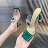 French Thin Heel Transparent Slippers Women's 2025 Summer New High Heel One-word Drag Rhinestone Internet Celebrity Transparent Sandals Women