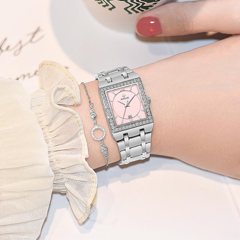WWOOR Reloj New Fashion Ladies Diamond Watch Top Brand Luxury Square Wrist Watch Simple Women Dress Small Watch Relogio Feminino