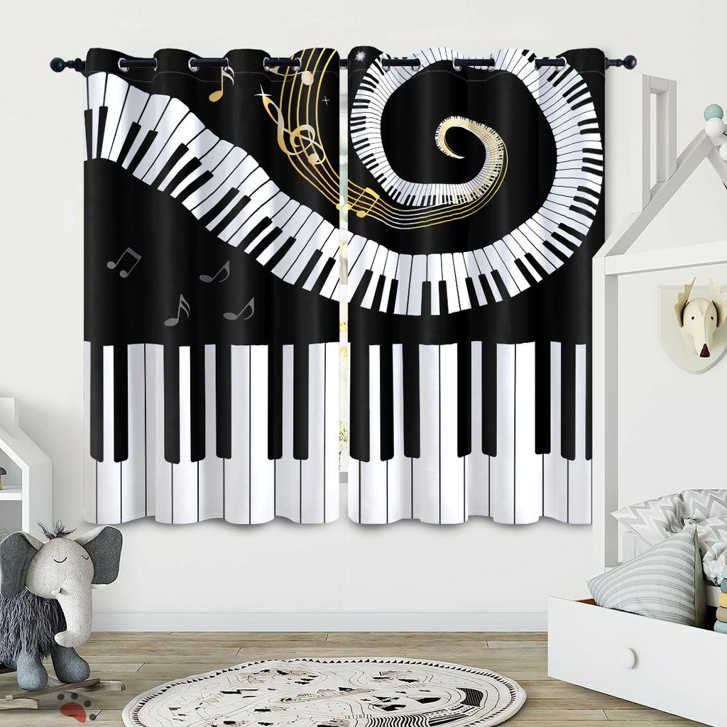 2PCS Piano Keys Music Theme Digital Printing Living Room Bedroom, Study Room, Matte Cloth Polyester, High Shading, Curtain Set