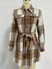European American Plaid Long-Sleeve Dress with Tie Waist A-Line Skirt for Autumn/Winter Commuting.