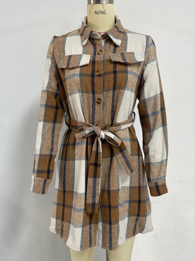 European American Plaid Long-Sleeve Dress with Tie Waist A-Line Skirt for Autumn/Winter Commuting.