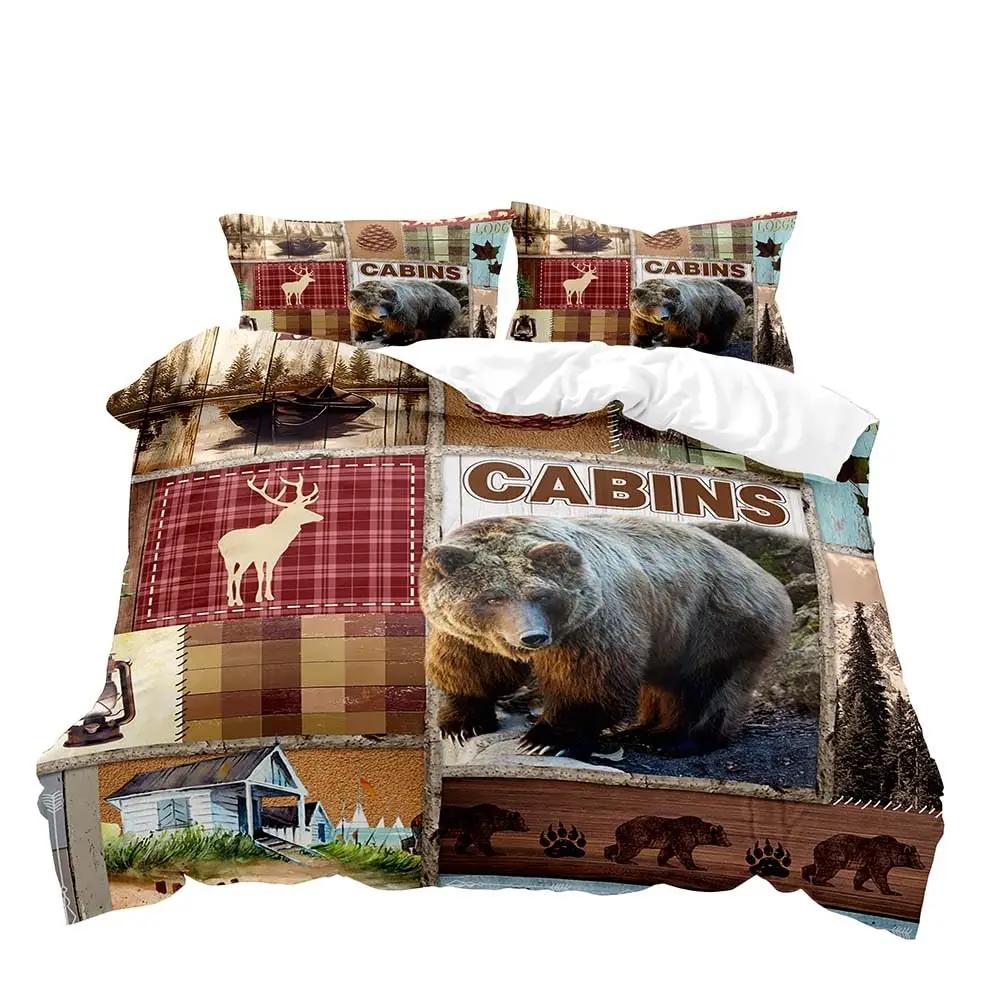 Черный Медведь Олень Комплект Постельного Белья Лесные Животные Лось Лось Дикая Природа Охота Кантри Лодж Хижина Комплект Пододеяльника Queen Удобный