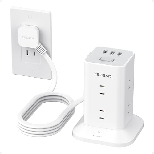 Башенная сетевая розетка TESSAN с тонким удлинителем, 3 м, 8 розеток переменного тока, 1 порт USB-C и 2 порта USB-A, Совместима с розетками типа Octopus,