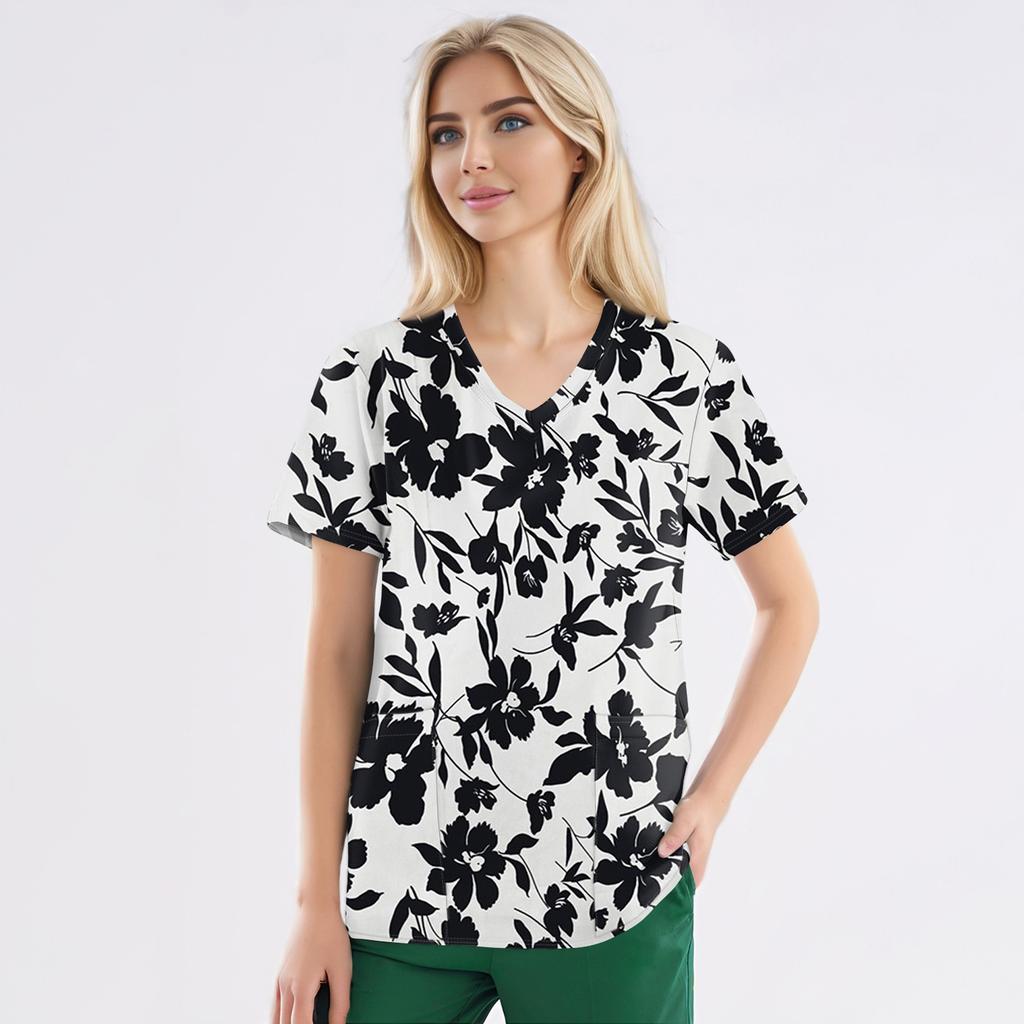 Рабочая форма больших размеров с принтом, топы для женщин, забавные футболки с v-образным вырезом и короткими рукавами, рабочая одежда, футболка с карманами
