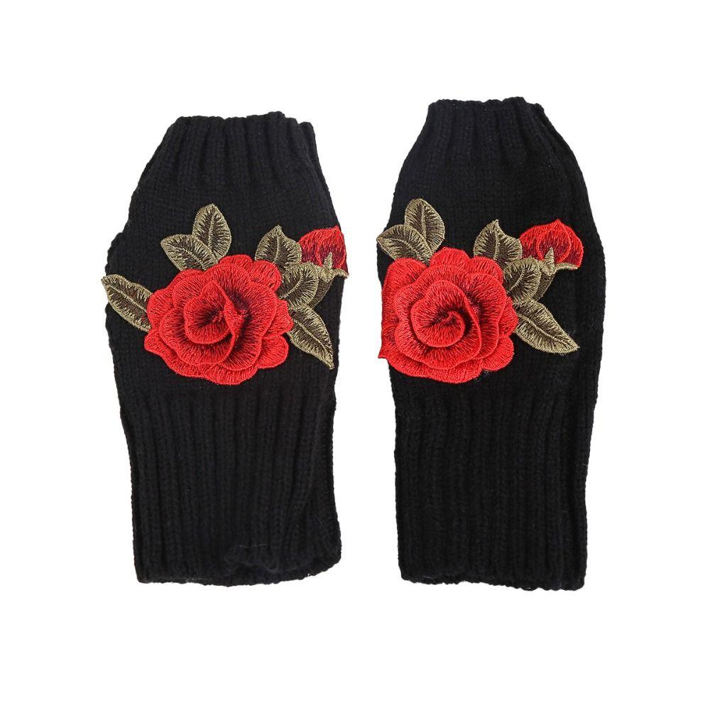 Vintage Embroidery Knitted Gloves Floral Fingerless Gloves Cute Crochet Flower Mittens Outdoor
