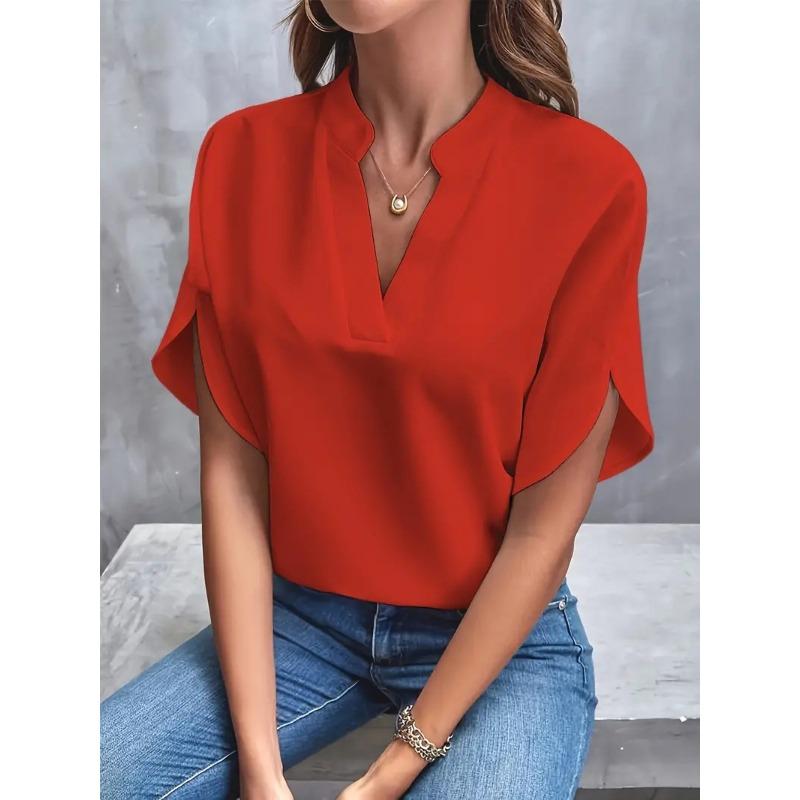 VEZFAA Women's Fashion Casual Summer Spring Solid Color Print Short Sleeve V-Neck Blouses & Shirts