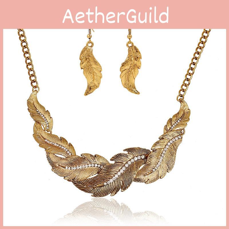 Модная женская золотая цепочка и серьги с украшением из стразов и перьев