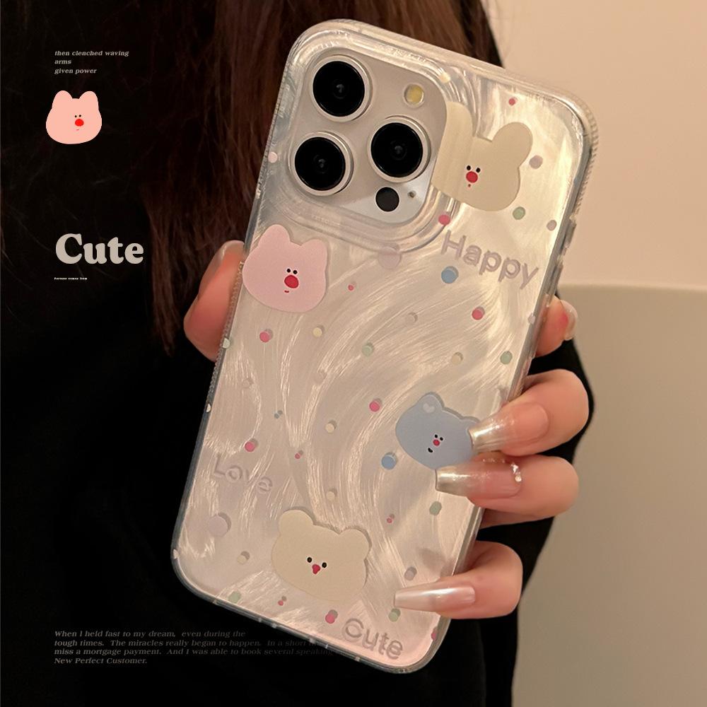 Colorful Bear Head Mobile Phone Case Suitable for Apple 15 Feather Yarn Iphone13 Anti Fall 14 Korean 16 Promax Cartoon