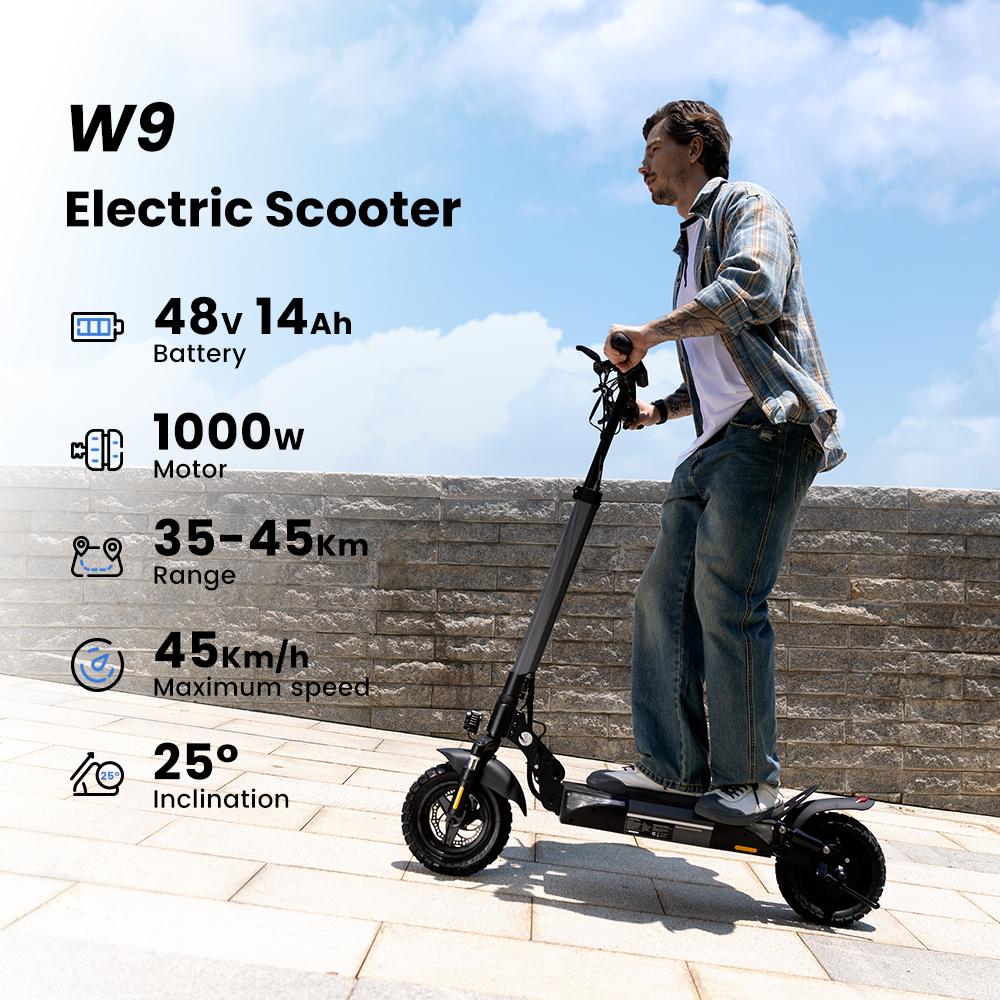 iScooter W9 Electric Scooter 1000W Motor, 48V 14Ah Battery, 10" Tire,  35-45KM Range E-Scooter