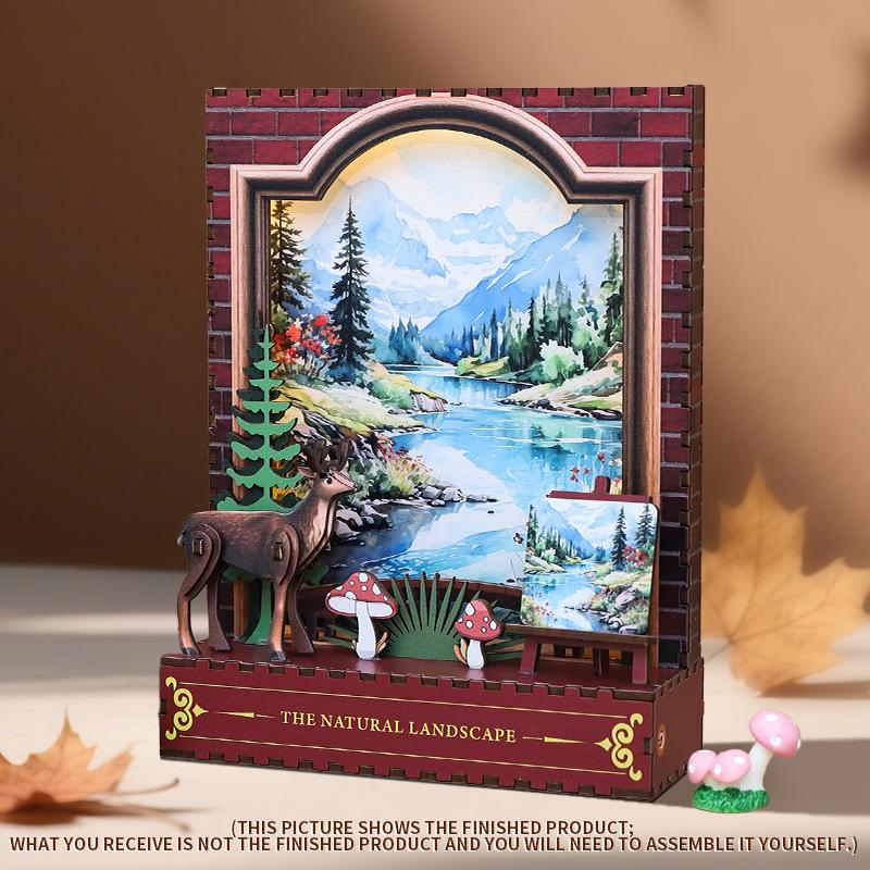 OCHOICE Drop Shipping MOQ=1 Themed Book Nook Kit Mountain Forest Deer LED Miniature DIY Craft for Adults 3D Wooden Puzzle
