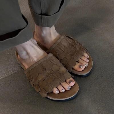 Версия из овчины~ стиль старых денег ретро мода платформа пляжные туфли женские кисточки плоская подошва круглый носок открытый носок крутые тапочки