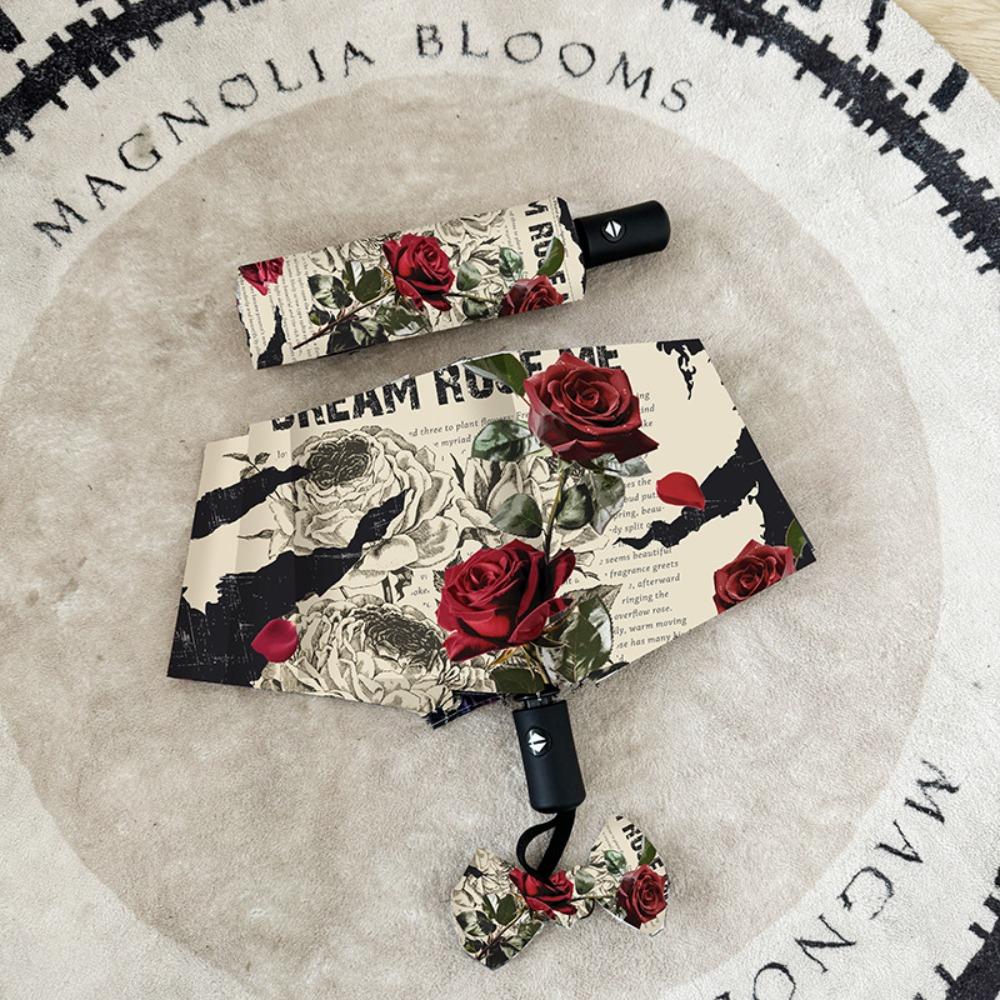 Rose Pattern Automatic Umbrella Three Folding Portable Folding Umbrella Lightweight Reinforced Frame Sun Protection Umbrella