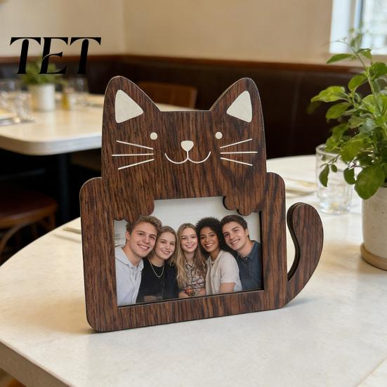 Cute Animal Picture Frame Photo Frame, Rustic Wooden Holder, Cat for Kids Room Bear Home Office Desk Shelf Display