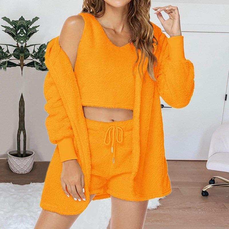 Home Wear Long Sleeved Plush Casual Three Piece Set Jacket Vest Shorts Sports Suit