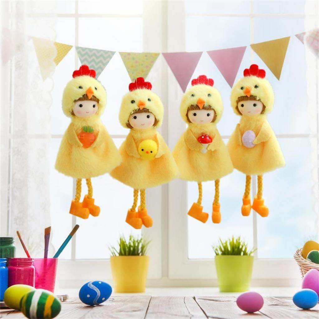 Easter Plush Hanging Ornaments Easter Doll Wearing Yellow Chick Cloak 5.9inch Chicken Pendants Holding Easter Egg Carrot For Tree Spr
