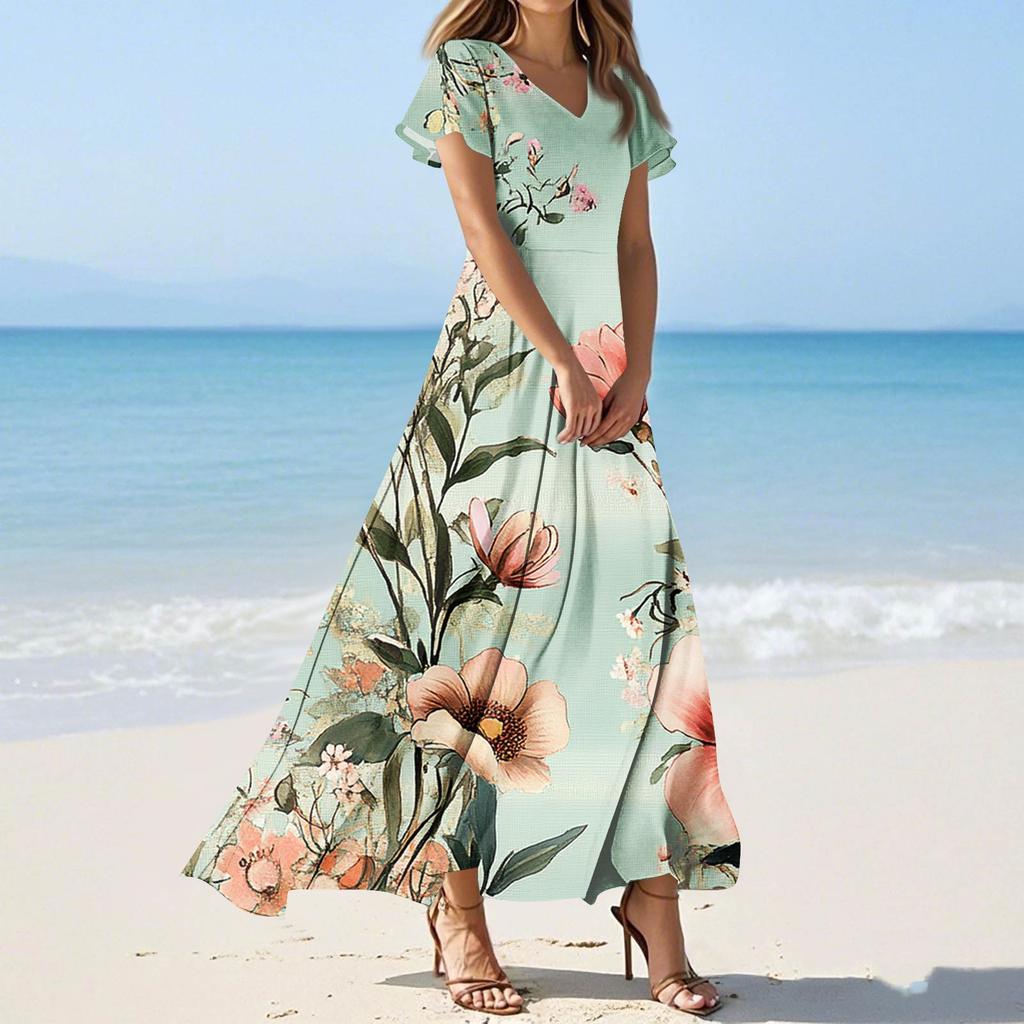 Женские повседневные модные длинные платья с принтом, платья с V-образным вырезом и коротким рукавом