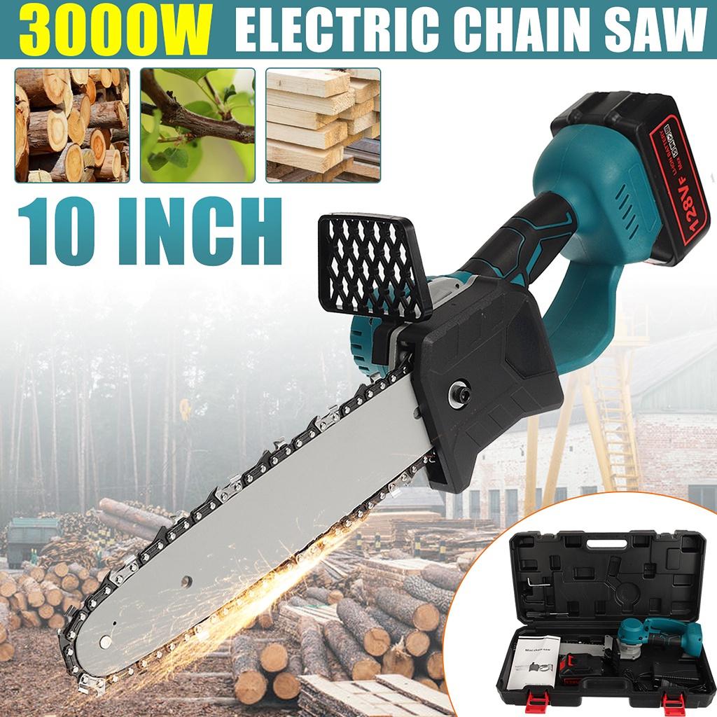 10 Inch 3000W 128V Wireless Electric Chainsaw with Li-ion Battery Rechargeable Brush Woodworking Power Tool
