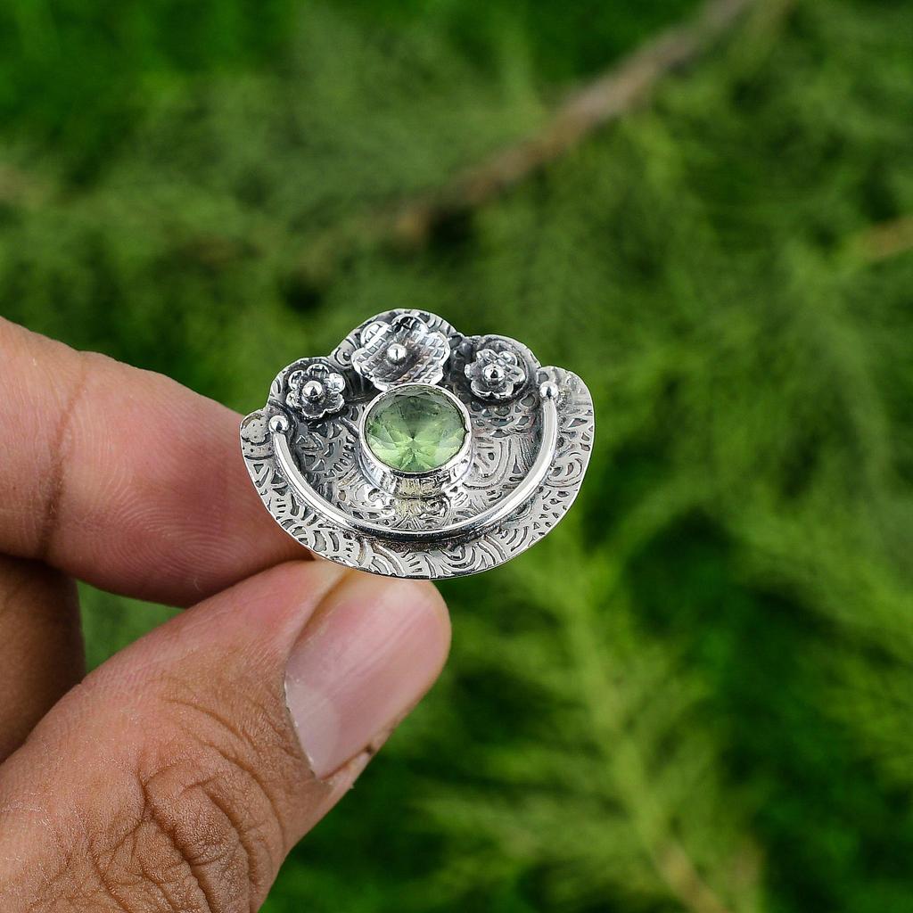 Sterling Silver Green Amethyst Gemstone Bezel Flower Daughter Boho Ring Jewelry