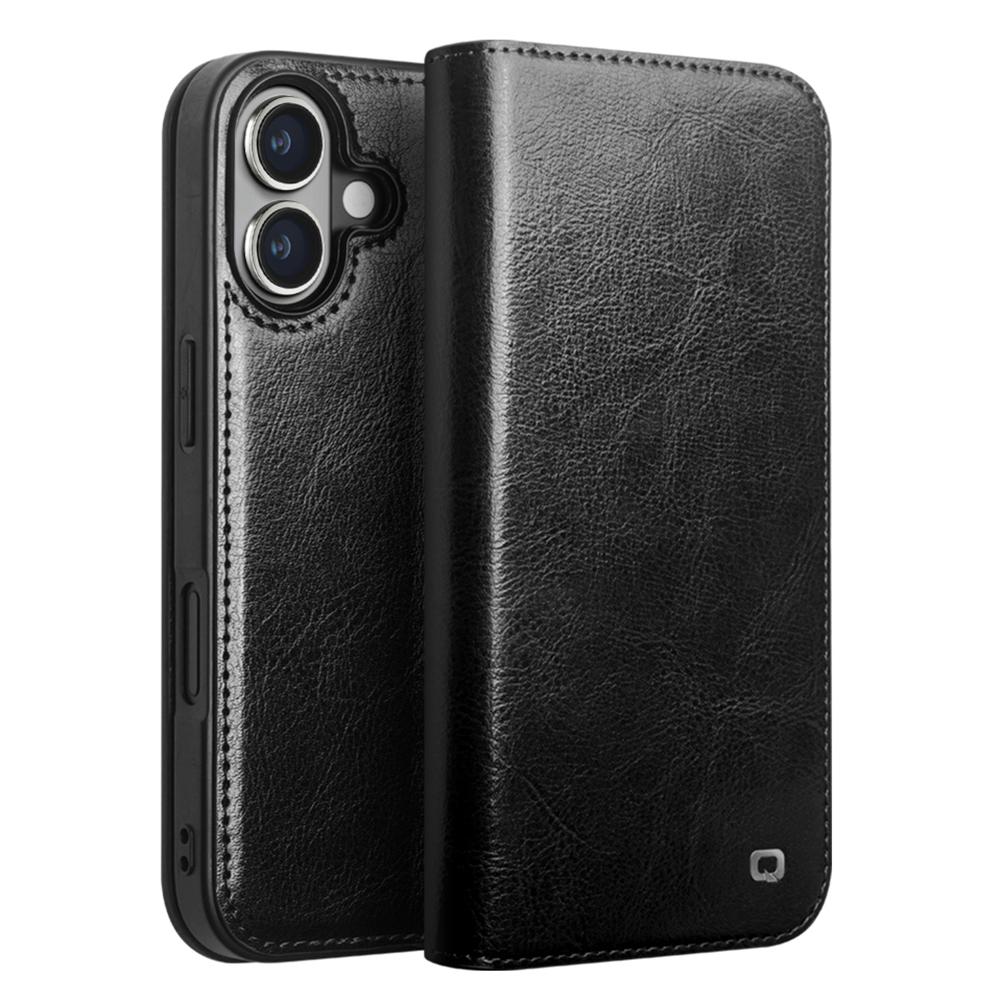 QIALINO For iPhone 16 Case Genuine Cow Leather Card Holder Stand Flip Phone Cover