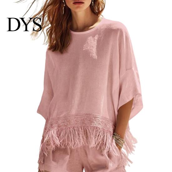 Women Fringe Shirt Solid Color with Tassels, O Neck Half Sleeve Casual Loose Fit T-shirt Blouses, Autumn Top