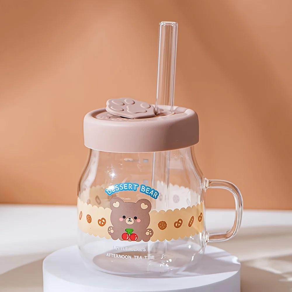 1 шт. 500 мл Мультяшная стеклянная чашка с медведем с крышкой и соломинкой, кружка для воды из высокоборосиликатного стекла с ручкой, стаканы для холодного кофе, стаканы для питья