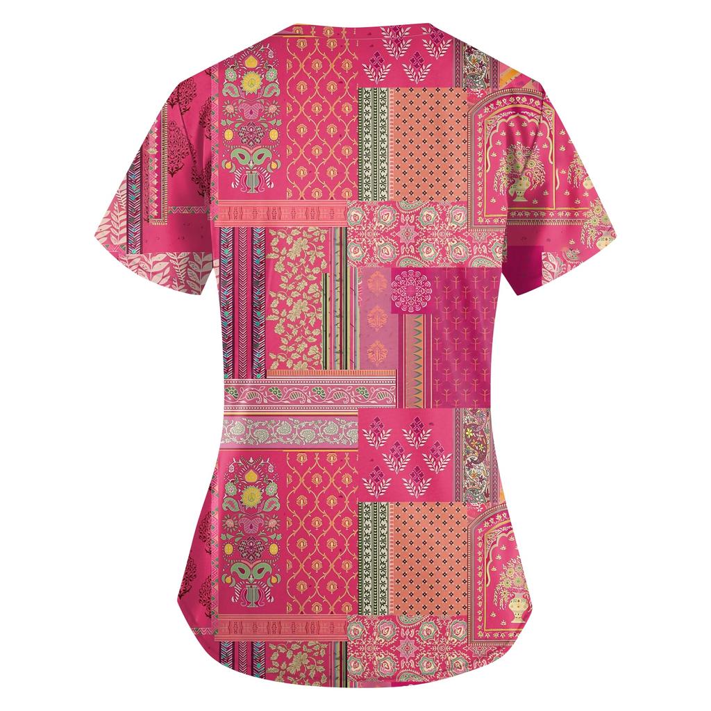 Большой размер Принтованный скраб Рабочая униформа Топы для женских V-образный вырез с запахом Принт Короткий рукав Веселые футболки Рабочая одежда Футболка с карманами