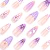 24pcs French Fresh Nail Art Wearer Purple Smudge 3D Flowers Wearer Nail Piece Almond Fake Nails