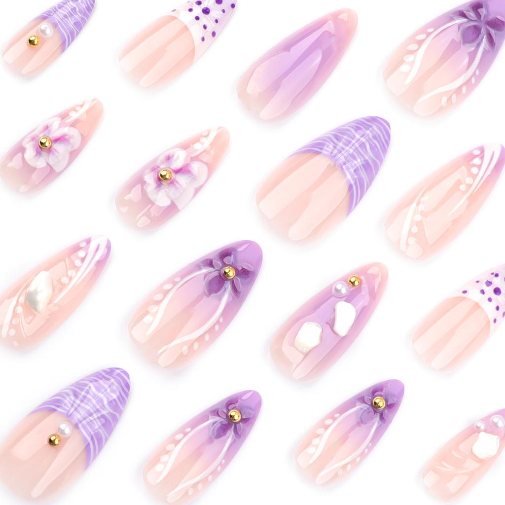 24pcs French Fresh Nail Art Wearer Purple Smudge 3D Flowers Wearer Nail Piece Almond Fake Nails