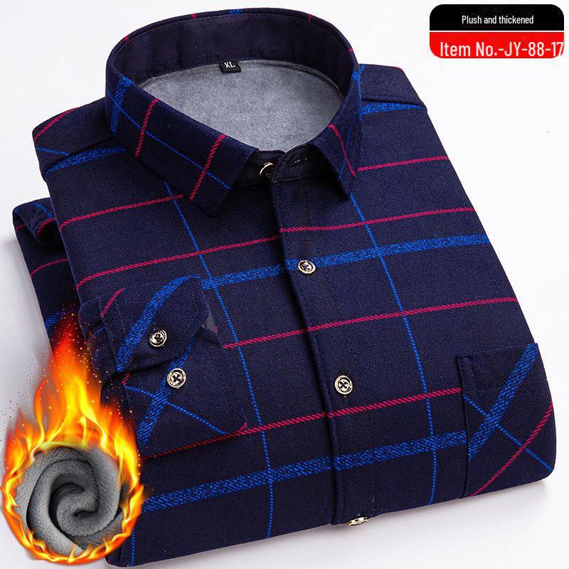 Men's Elastic Non-Iron Plaid Shirt - Warm, Thickened, Long-Sleeved for Casual or Business Wear In Autumn and Winter.