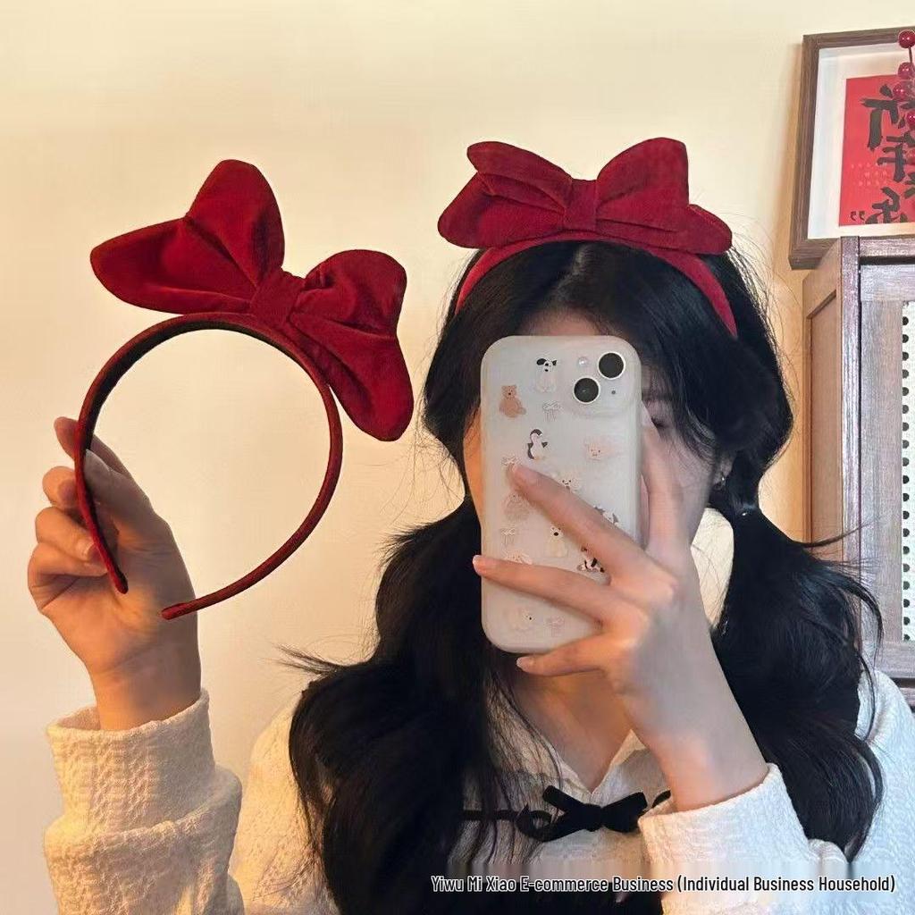 2025 Красная бархатная повязка на голову с бантом для женщин и детей - Аксессуар для волос на Новый год и Рождество