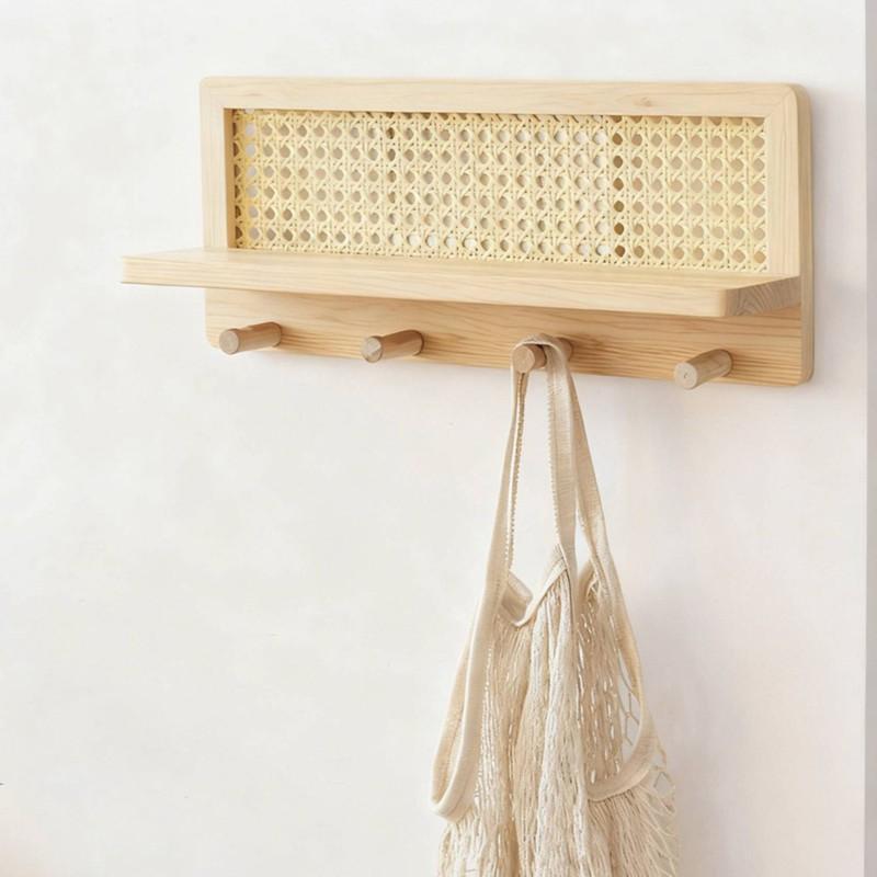 Wall-Mounted Storage Rack In Modern Minimalist Style-Woven Key Hook And Magazine Holder 2Pc In Pine Wood