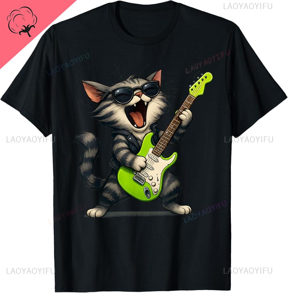 Cat Playing Guitar Rock Star Rock and Roll for Men Women T-Shirt Print Original Design Gifts T Shirts Camiseta Hombre