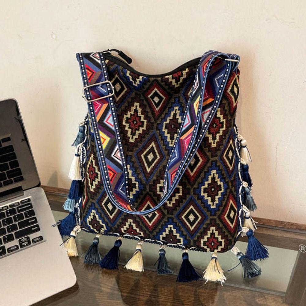 Large Capacity Ethnic Style Crossbody Bags Geometric Bohemian Tote Bag Tassel Shoulder Bag  Travel