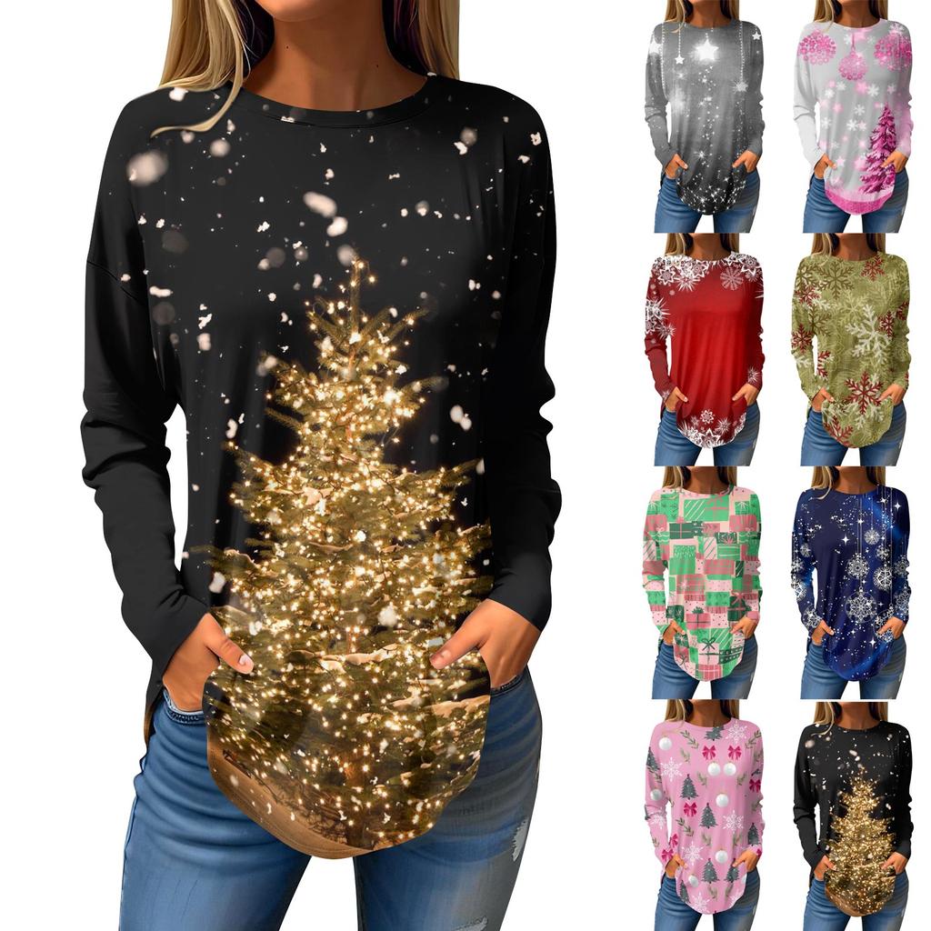 Футболки для женщин, осенние повседневные рубашки с длинным рукавом, толстовки с винтажным графическим принтом, топы, пуловеры, рождественские