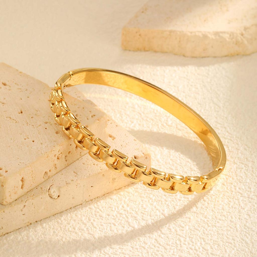 18K Gold Plated Watch Strap Open Bangle Bracelet, Stackable Stainless Steel Chunky Link Bracelets for Women, Luxury Jewelry Gift