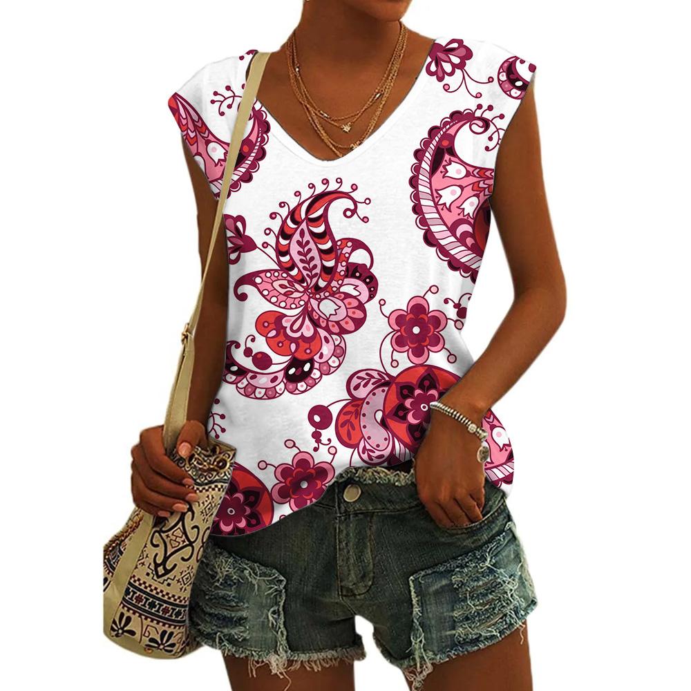 Летний винтажный цветочный тотем 3D принт майки женские уличные свободные V-образный вырез жилет без рукавов с открытыми плечами женская майка