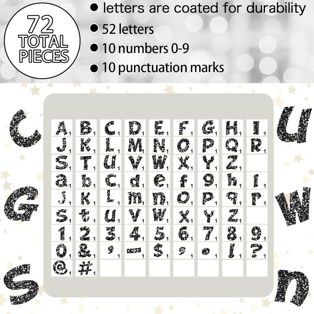 72 Pcs Glitter Cutout Bulletin Board Letters for Classroom 4" Upper and Lowercase Alphabet Numbers Punctuation with Adhesive Dots for Back to School