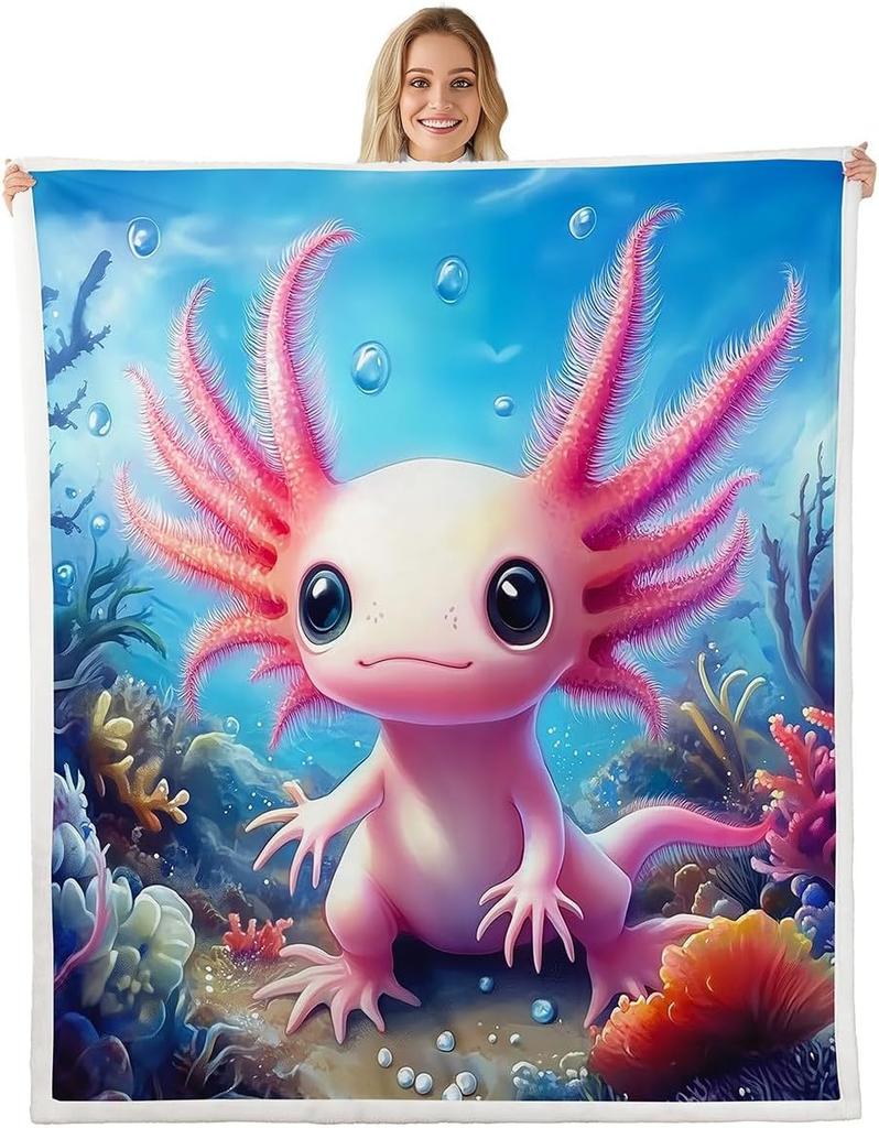 Cute Pink Axolotl Blanket Soft Fleece Throw Cherry Blossom Design Fantasy Art Kids Room Decor