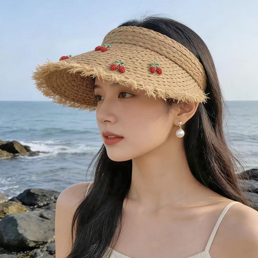 Dopamine Cherry Strawberry Sun Hat Beige Khaki Sunscreen Open-crown Straw Hat Breathable Headband-style Sunshade Cap Vacation