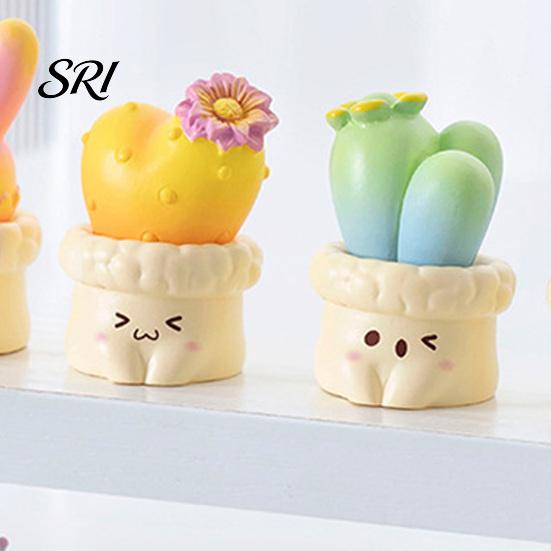 Cute Resin Cactus Mini Figurine Miniature Potted Plant Ornament Small Artificial Fake Cacti Decorative for Car Dashboard Home Office Desk Decor