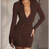 Women V-neck Single-breasted Slim Pleated Dress