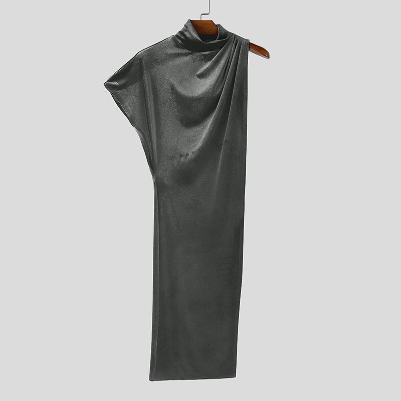 INCERUN Мужской водолазка на одно плечо с блестками, с высоким разрезом, повседневный длинный топ, футболка