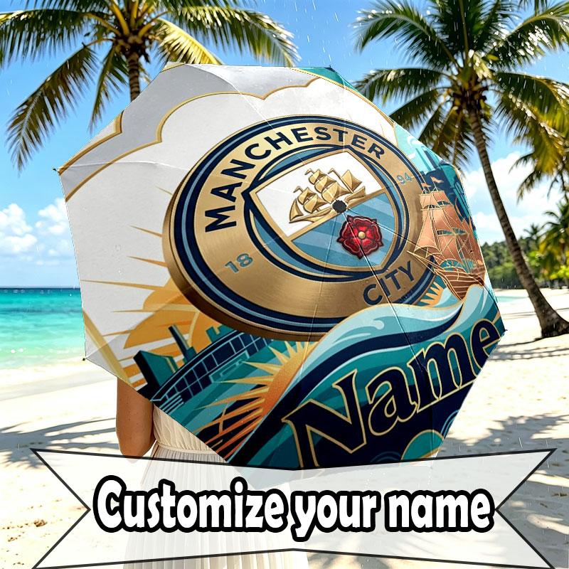 Custom Name Personalized Manchester City Print Umbrella, Auto Open Close, 8‑Rib Sturdy Frame, Commute Camping Hiking Use, Birthday Gift
