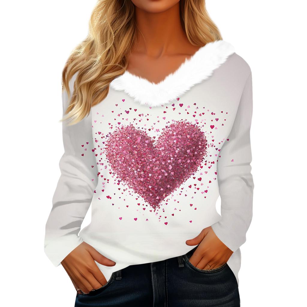 Women's Valentine's Day Printed Long-Sleeved Shirt, V-Neck, Casual Loose-Fitting T-Shirt Top