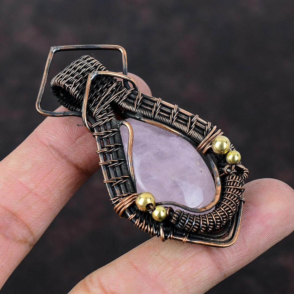 Кулон из розового кварца, ювелирные изделия из медной проволоки, изысканный кулон ручной работы, кулон в проволочной обертке, ювелирные изделия из драгоценных камней, медный кулон, подарок для женщин